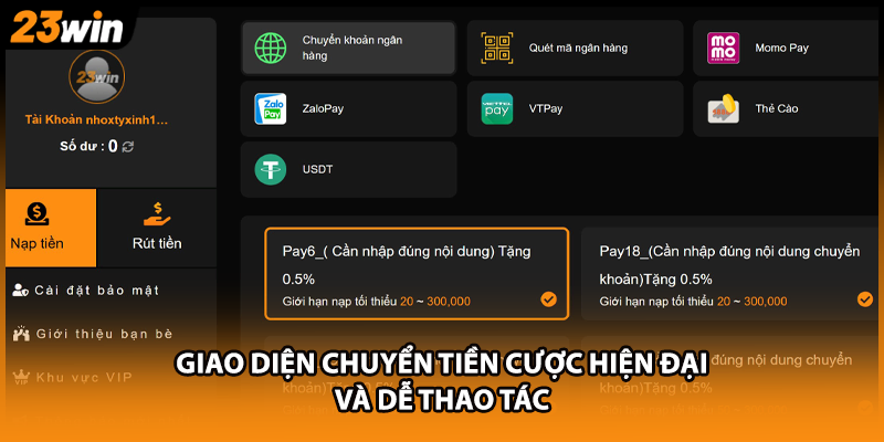 Giao diện chuyển tiền cược hiện đại và dễ thao tác